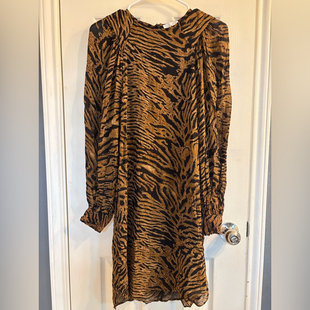 Ganni Woman’s Leopard Mini Dress Balloon Sleeves Sheer EU 36 US Size 6